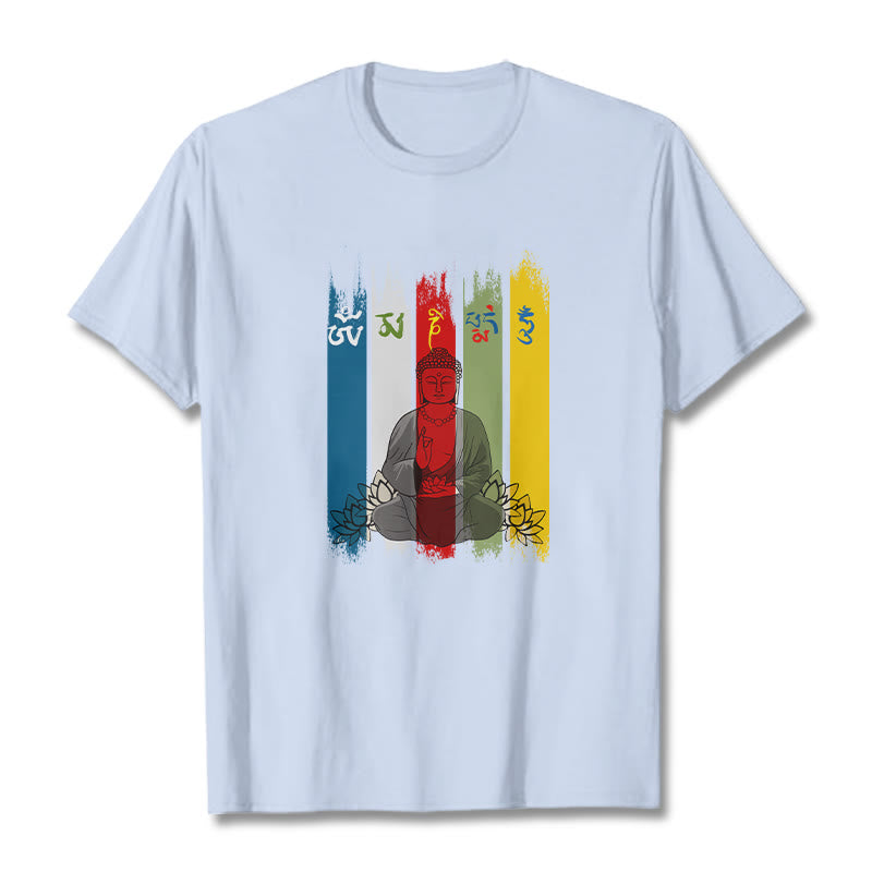 Buddha Stones Sechs Wahre Worte 'Om Mani Padme Hum' Buddha sitzend mit Lotus Baumwolle T-Shirt - Hellcyan - 2XL - image 13
