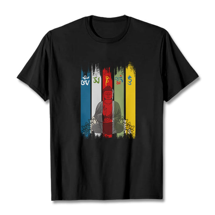Buddha Stones Sechs Wahre Worte 'Om Mani Padme Hum' Buddha sitzend mit Lotus Baumwolle T-Shirt - Schwarz - 2XL - image 2
