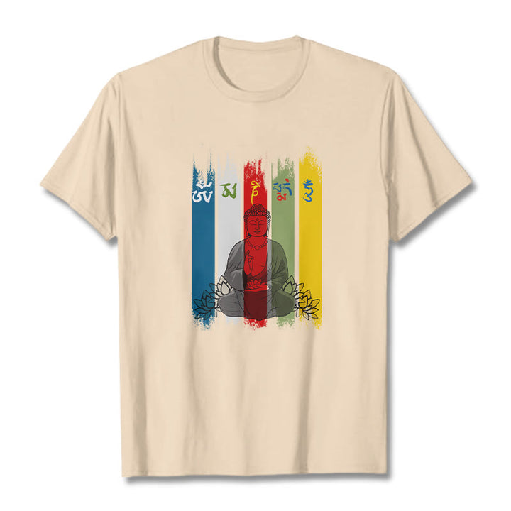 Buddha Stones Sechs Wahre Worte 'Om Mani Padme Hum' Buddha sitzend mit Lotus Baumwolle T-Shirt - Bisque - 2XL - image 12
