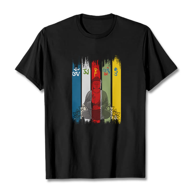 Buddha Stones Sechs Wahre Worte 'Om Mani Padme Hum' Buddha sitzend mit Lotus Baumwolle T-Shirt - Schwarz - 2XL - image 3