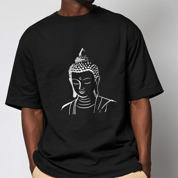 Buddha Stones ​​Buddha Kopf Muster Baumwolle T-shirt - image 11