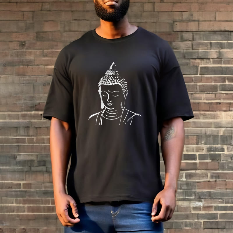 Buddha Stones ​​Buddha Kopf Muster Baumwolle T-shirt - image 13