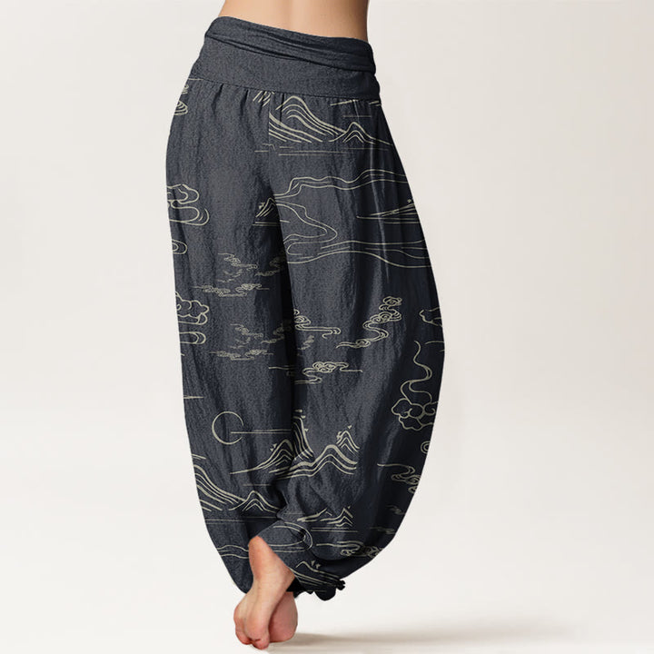 Haremshose mit elastischer Taille für Damen, Buddha Stones, Bergmond, glückverheißende Wolken-Muster - image 3