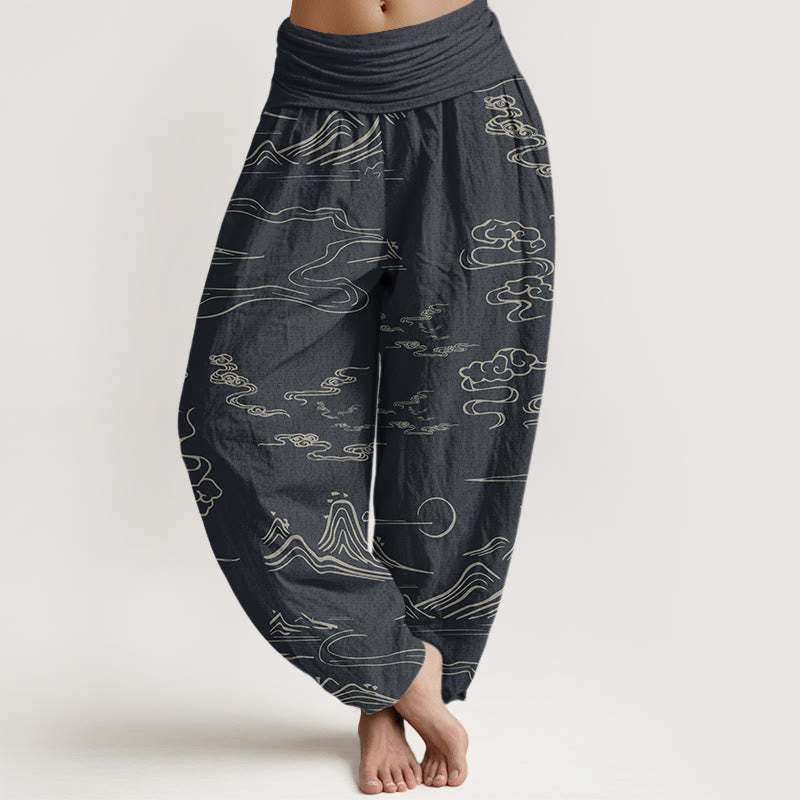 Haremshose mit elastischer Taille für Damen, Buddha Stones, Bergmond, glückverheißende Wolken-Muster - HellSchiefergrau - US22， UK/AU26，EU54 (6XL) - image 1