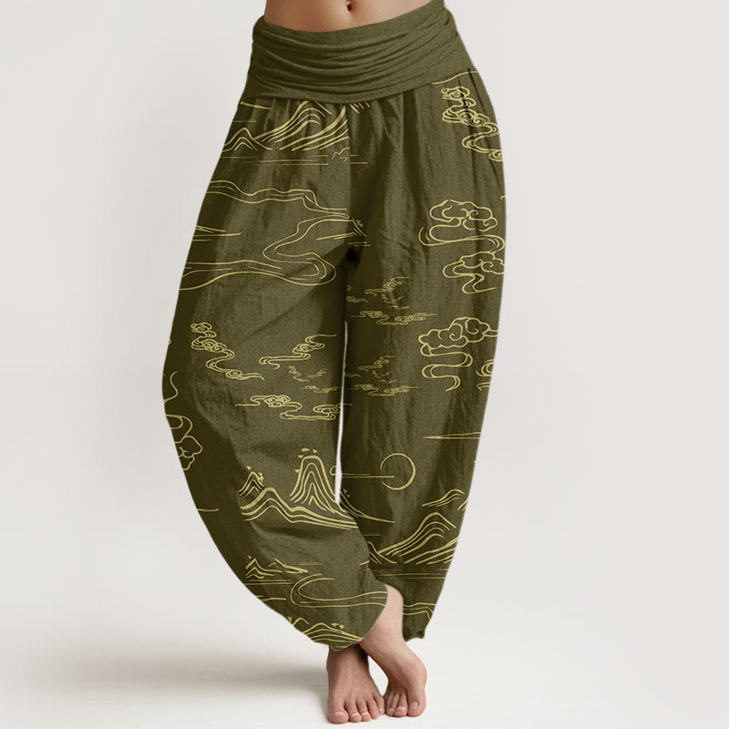 Haremshose mit elastischer Taille für Damen, Buddha Stones, Bergmond, glückverheißende Wolken-Muster - DunkelKhaki - US22， UK/AU26，EU54 (6XL) - image 5