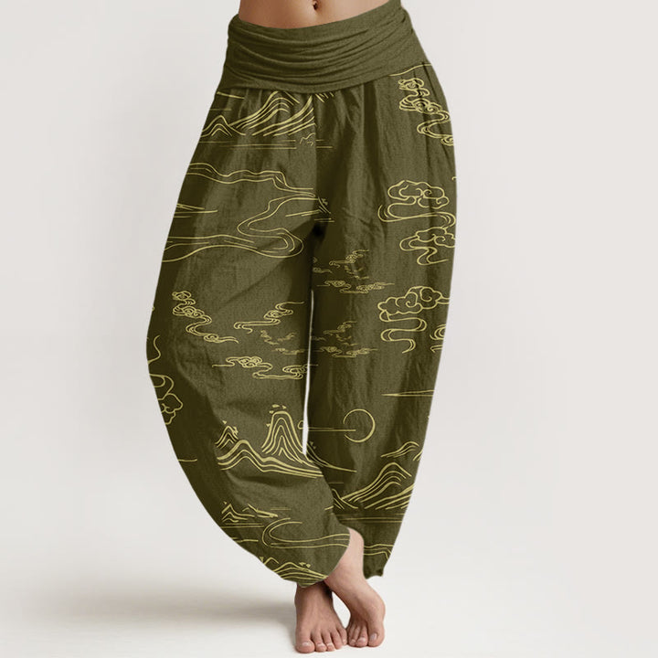 Haremshose mit elastischer Taille für Damen, Buddha Stones, Bergmond, glückverheißende Wolken-Muster - DunkelKhaki - US22， UK/AU26，EU54 (6XL) - image 5