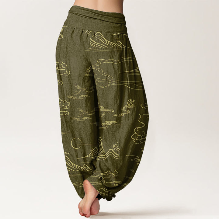 Haremshose mit elastischer Taille für Damen, Buddha Stones, Bergmond, glückverheißende Wolken-Muster - image 7