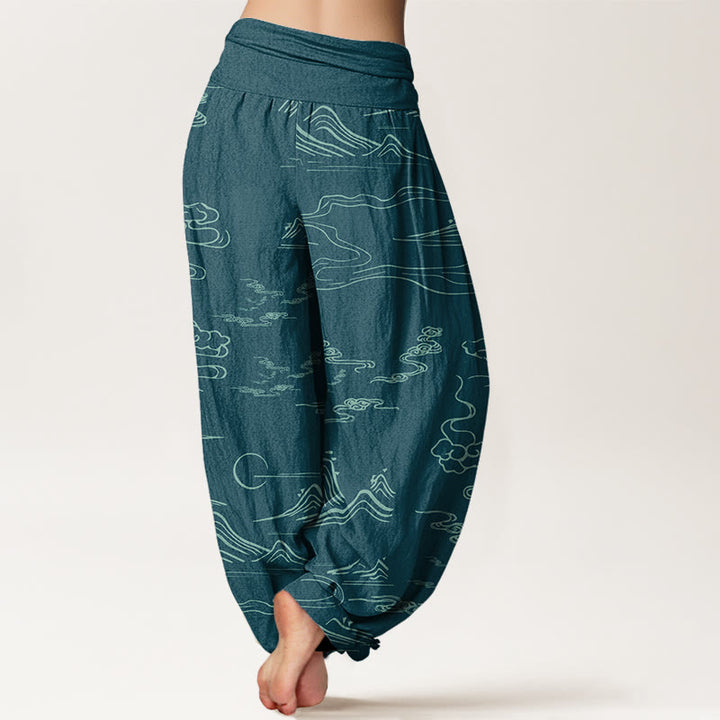 Haremshose mit elastischer Taille für Damen, Buddha Stones, Bergmond, glückverheißende Wolken-Muster - image 10
