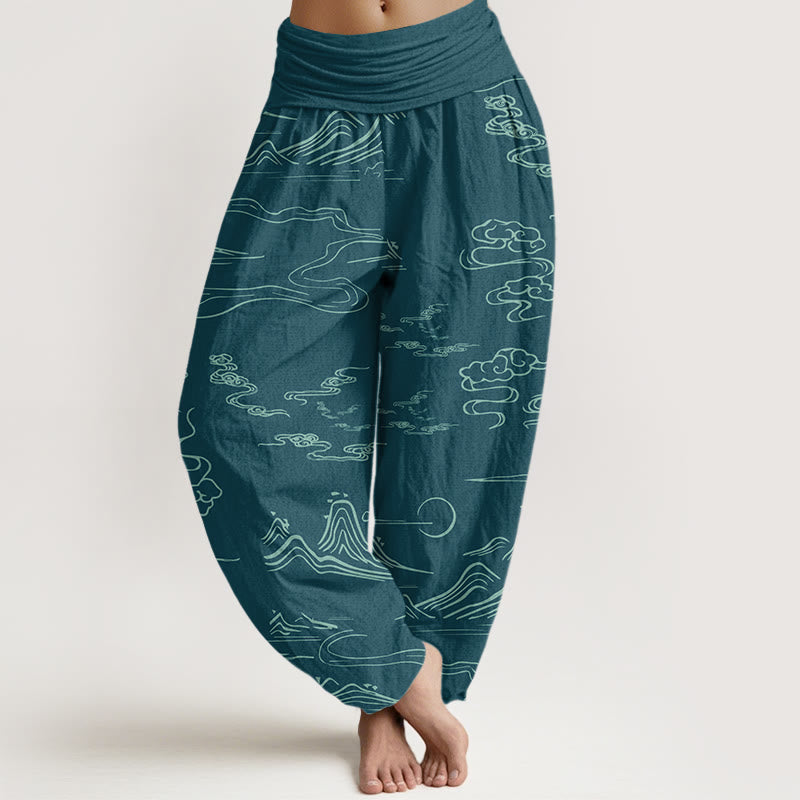 Haremshose mit elastischer Taille für Damen, Buddha Stones, Bergmond, glückverheißende Wolken-Muster - DunkelCyan - US22， UK/AU26，EU54 (6XL) - image 8