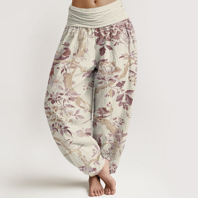 Haremshose mit Buddha Stones, Vögeln, Zweigen und Blumen-Muster für Damen, elastische Taille - Hellgelb - US22， UK/AU26，EU54 (6XL) - image 5