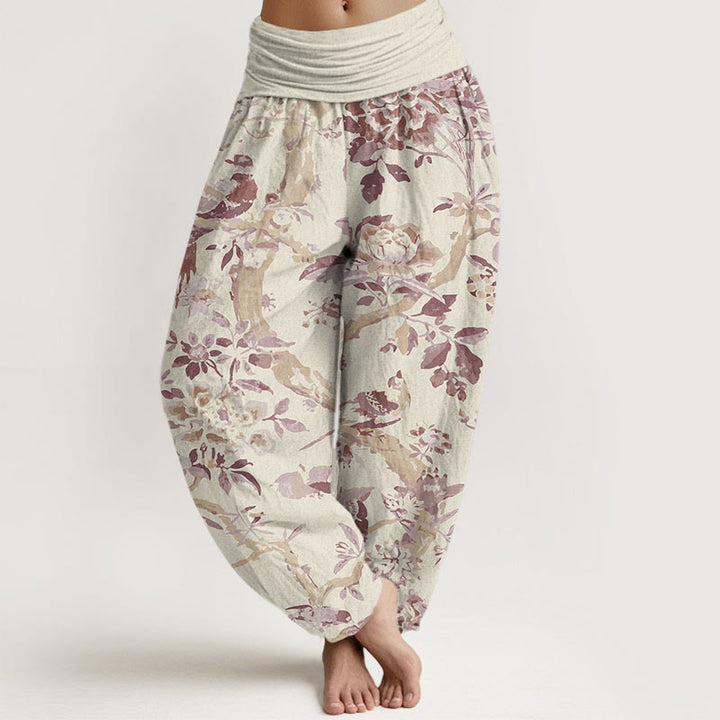 Haremshose mit Buddha Stones, Vögeln, Zweigen und Blumen-Muster für Damen, elastische Taille - Hellgelb - US22， UK/AU26，EU54 (6XL) - image 5