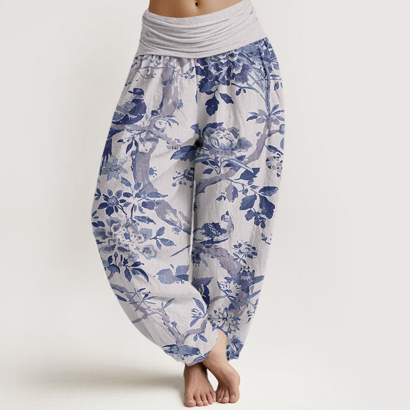 Haremshose mit Buddha Stones, Vögeln, Zweigen und Blumen-Muster für Damen, elastische Taille - Gainsboro - US22， UK/AU26，EU54 (6XL) - image 8