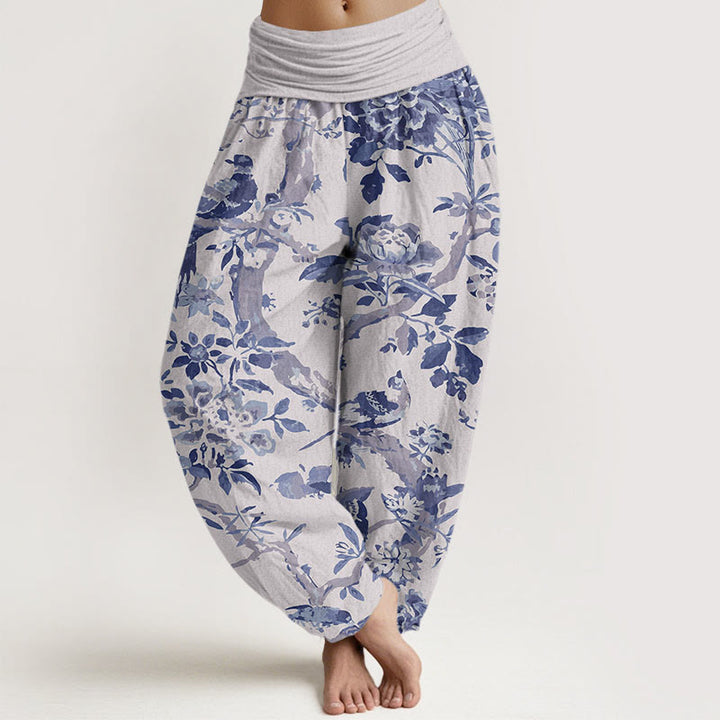 Haremshose mit Buddha Stones, Vögeln, Zweigen und Blumen-Muster für Damen, elastische Taille - Gainsboro - US22， UK/AU26，EU54 (6XL) - image 8