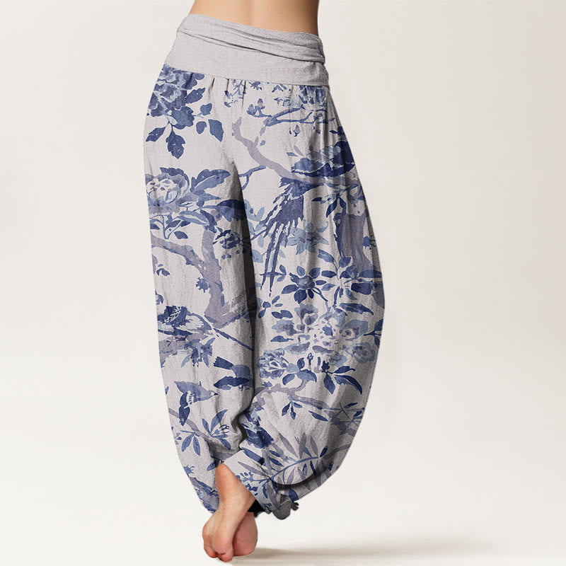 Haremshose mit Buddha Stones, Vögeln, Zweigen und Blumen-Muster für Damen, elastische Taille - image 9