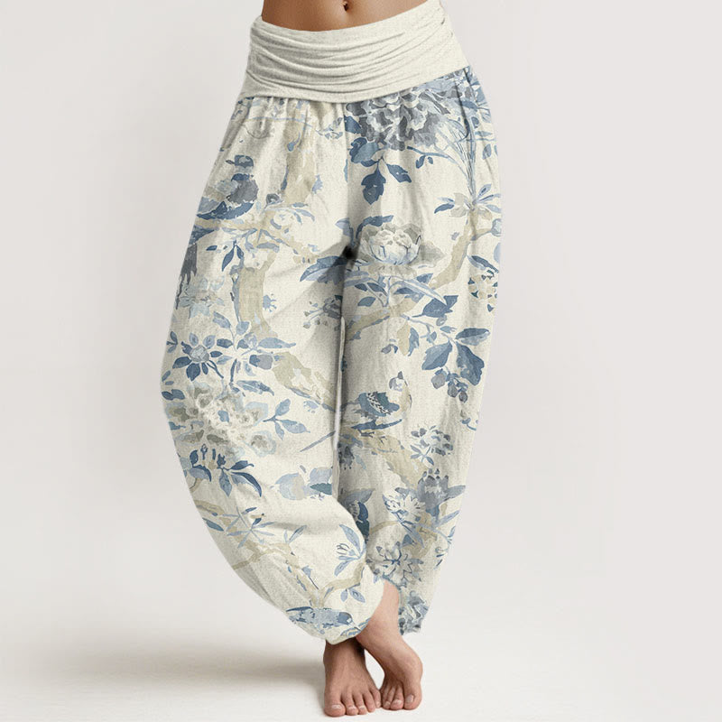Haremshose mit Buddha Stones, Vögeln, Zweigen und Blumen-Muster für Damen, elastische Taille - Beige - US22， UK/AU26，EU54 (6XL) - image 1