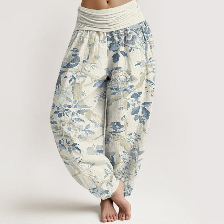 Haremshose mit Buddha Stones, Vögeln, Zweigen und Blumen-Muster für Damen, elastische Taille - Beige - US22， UK/AU26，EU54 (6XL) - image 1