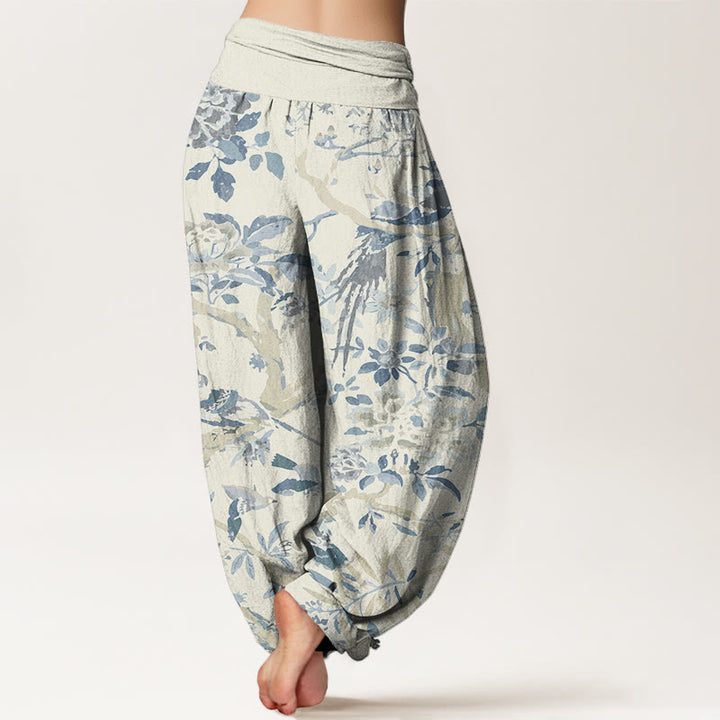 Haremshose mit Buddha Stones, Vögeln, Zweigen und Blumen-Muster für Damen, elastische Taille - image 2