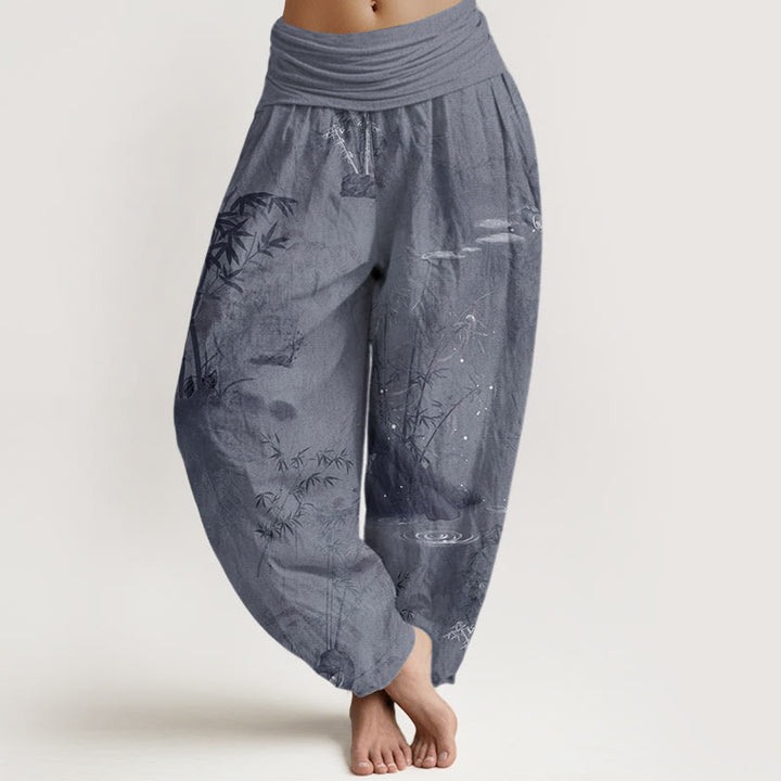 Lässige Haremshose mit Buddha Stones und Bambus-Felsen-Tuschemalerei für Damen mit elastischer Taille - Schiefergrau - US22， UK/AU26，EU54 (6XL) - image 1