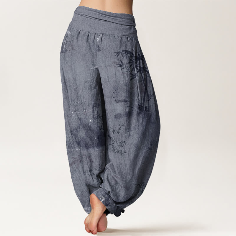 Lässige Haremshose mit Buddha Stones und Bambus-Felsen-Tuschemalerei für Damen mit elastischer Taille - image 3