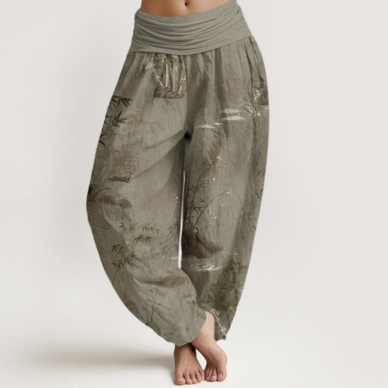 Lässige Haremshose mit Buddha Stones und Bambus-Felsen-Tuschemalerei für Damen mit elastischer Taille - Bräunen - US22， UK/AU26，EU54 (6XL) - image 5