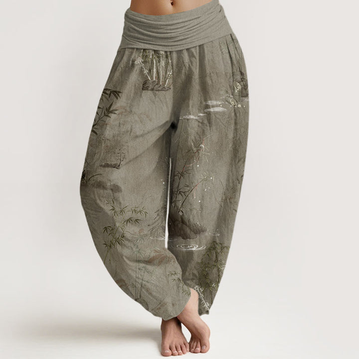 Lässige Haremshose mit Buddha Stones und Bambus-Felsen-Tuschemalerei für Damen mit elastischer Taille - Bräunen - US22， UK/AU26，EU54 (6XL) - image 5