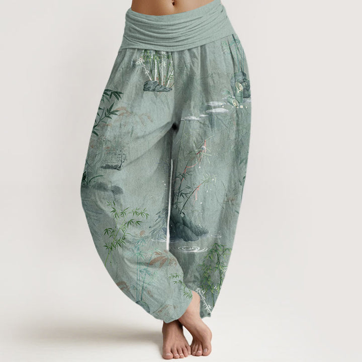 Lässige Haremshose mit Buddha Stones und Bambus-Felsen-Tuschemalerei für Damen mit elastischer Taille - DunkelMeergrün - US22， UK/AU26，EU54 (6XL) - image 8