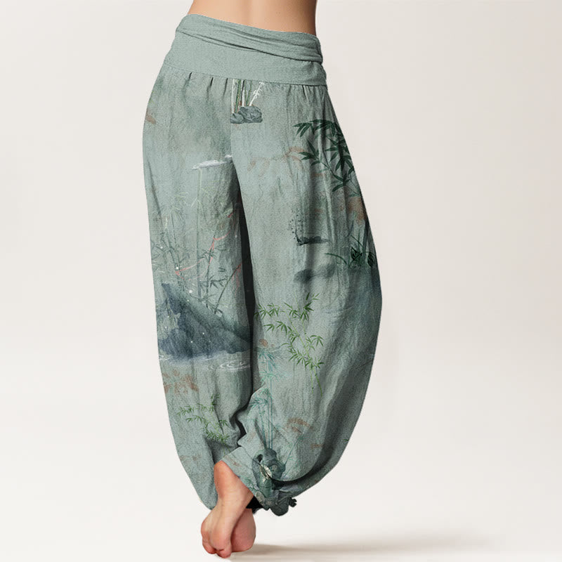 Lässige Haremshose mit Buddha Stones und Bambus-Felsen-Tuschemalerei für Damen mit elastischer Taille - image 10