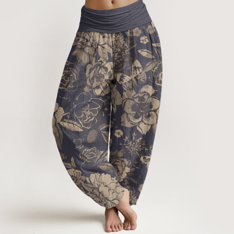 Buddha Stones Baumwoll-Haremshose mit Pfingstrosenmuster und Blättern, elastischem Bund für Damen - Dunkelschieferblau - US22, UK/AU26, EU54 (6XL) - image 0