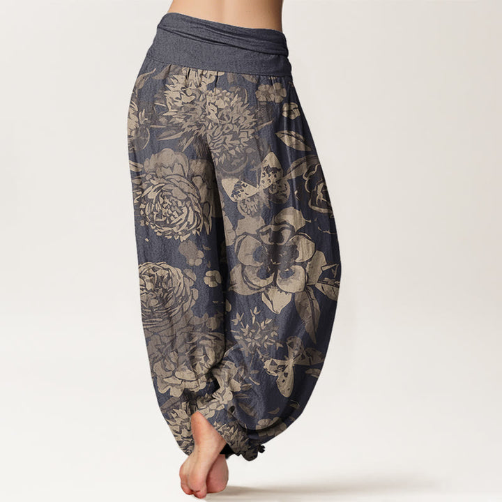 Buddha Stones Lässige Haremshose mit Pfingstrosenblüten und Blättern für Damen, elastische Taille - image 3