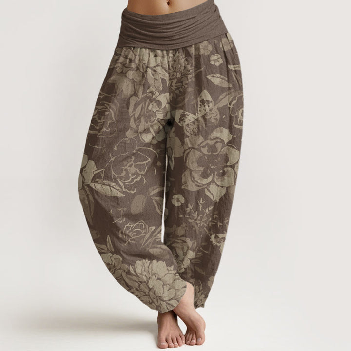 Buddha Stones Baumwoll-Haremshose mit Pfingstrosenmuster und Blättern, elastischem Bund für Damen - Bräunen - US22, UK/AU26, EU54 (6XL) - image 4