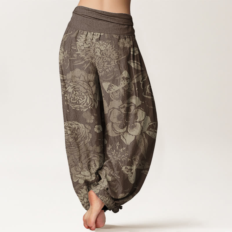Buddha Stones Lässige Haremshose mit Pfingstrosenblüten und Blättern für Damen, elastische Taille - image 7