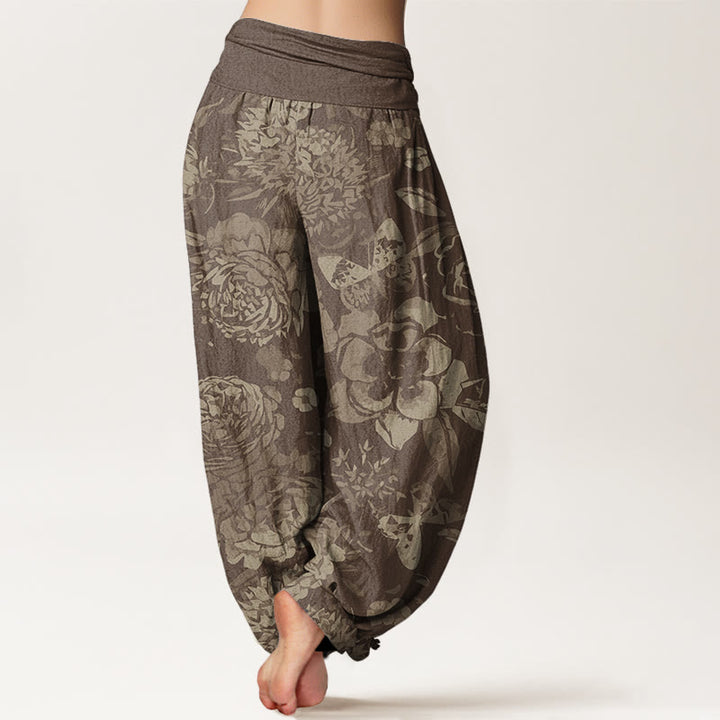 Buddha Stones Lässige Haremshose mit Pfingstrosenblüten und Blättern für Damen, elastische Taille - image 7