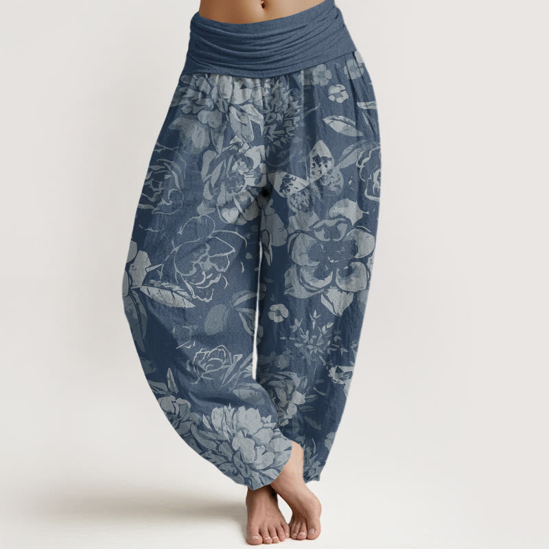 Buddha Stones Lässige Haremshose mit Pfingstrosenblüten und Blättern für Damen, elastische Taille - Himmelblau - US22， UK/AU26，EU54 (6XL) - image 8
