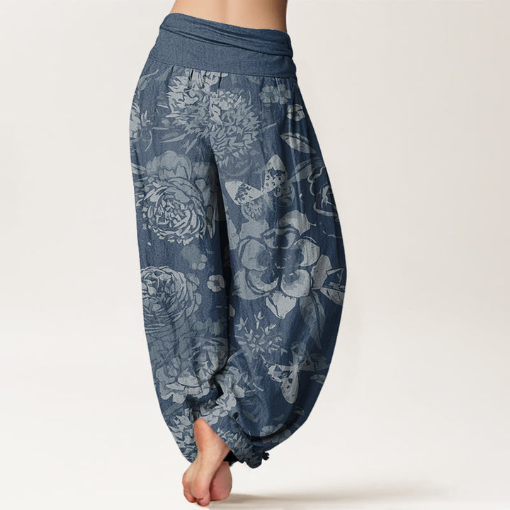 Buddha Stones Lässige Haremshose mit Pfingstrosenblüten und Blättern für Damen, elastische Taille - image 10