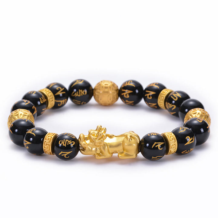 Armband mit Buddha Stones , schwarzem Obsidian und schwarzem Onyx, Legierung, PiXiu, Om Mani Padme Hum, Stärke