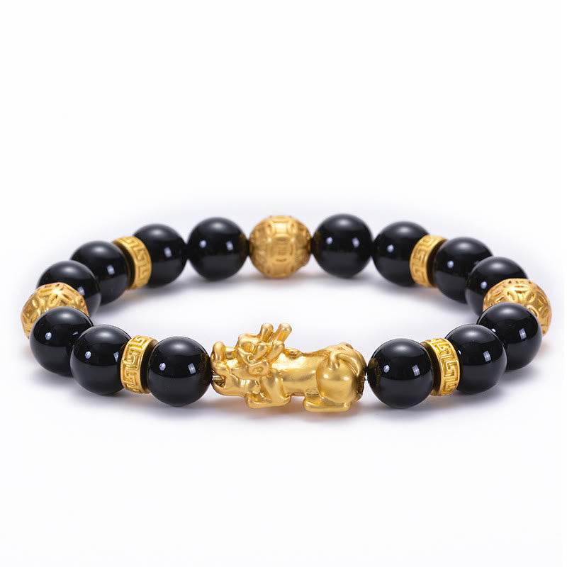 Armband mit Buddha Stones , schwarzem Obsidian und schwarzem Onyx, Legierung, PiXiu, Om Mani Padme Hum, Stärke