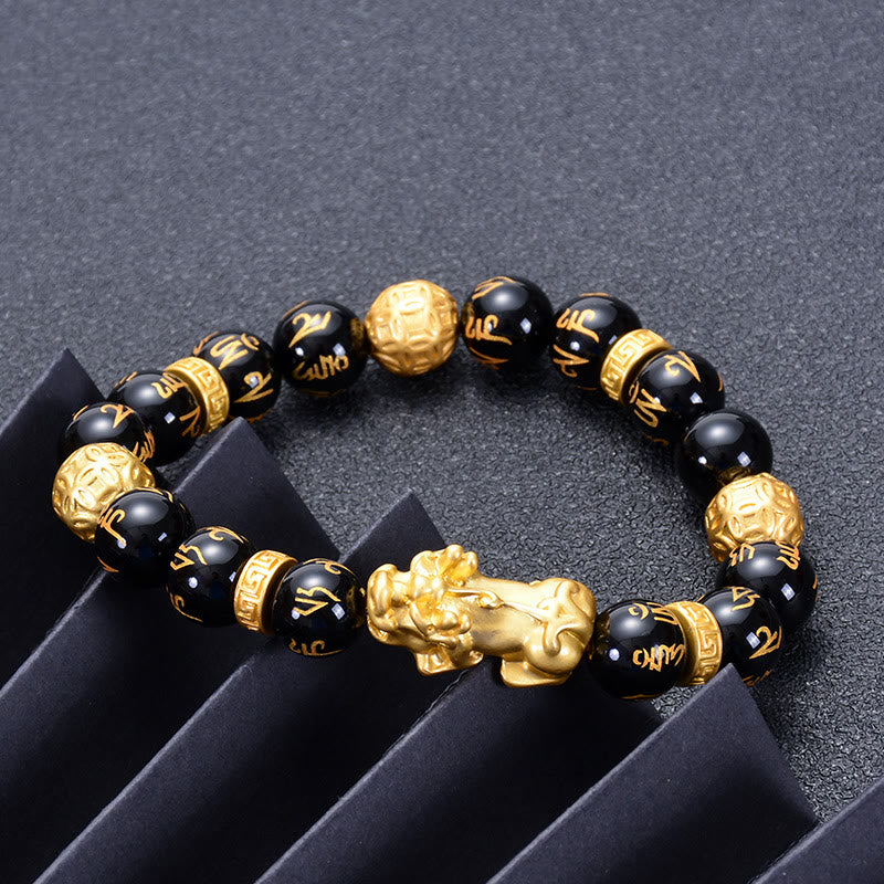 Armband mit Buddha Stones , schwarzem Obsidian und schwarzem Onyx, Legierung, PiXiu, Om Mani Padme Hum, Stärke