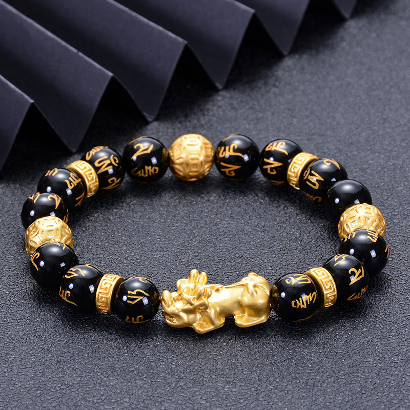 Armband mit Buddha Stones , schwarzem Obsidian und schwarzem Onyx, Legierung, PiXiu, Om Mani Padme Hum, Stärke