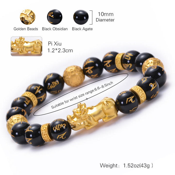 Armband mit Buddha Stones , schwarzem Obsidian und schwarzem Onyx, Legierung, PiXiu, Om Mani Padme Hum, Stärke