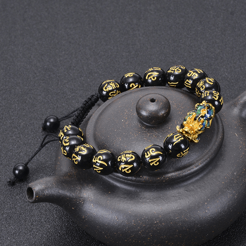 Buddha Stones , schwarzer Obsidian, schwarzer Onyx, Legierung, Pixiu, Om Mani Padme Hum, geflochtenes Armband mit Schnurstärke