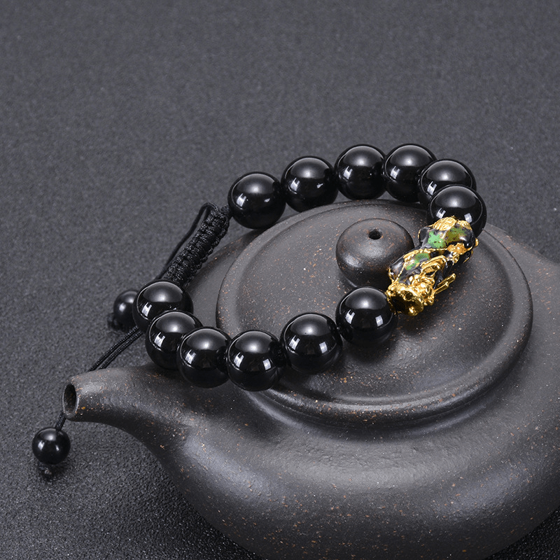 Buddha Stones , schwarzer Obsidian, schwarzer Onyx, Legierung, Pixiu, Om Mani Padme Hum, geflochtenes Armband mit Schnurstärke