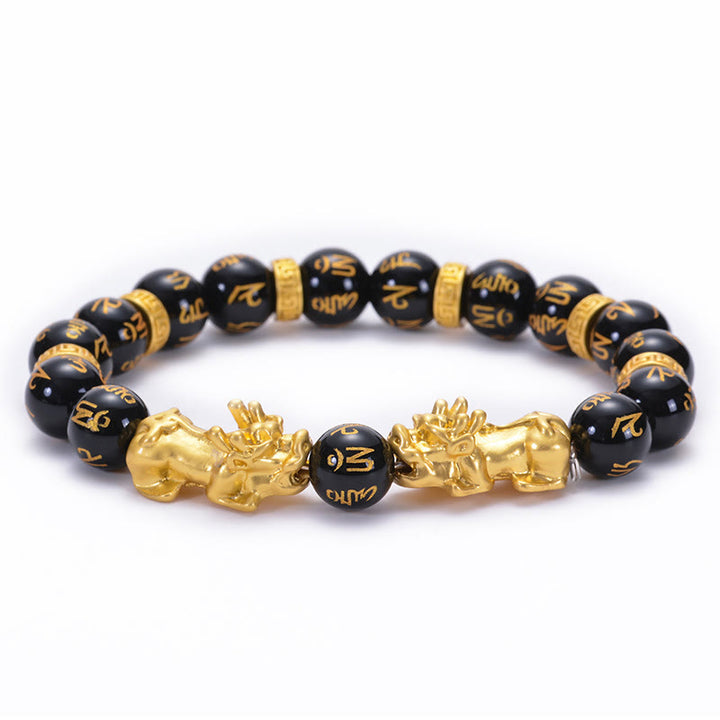 Buddha Stones , schwarzer Obsidian, schwarzer Onyx, goldene Legierung, zwei PiXiu, Om Mani Padme Hum, Stärke-Armband