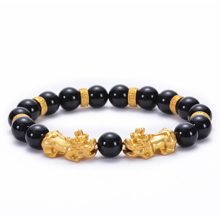 Buddha Stones , schwarzer Obsidian, schwarzer Onyx, goldene Legierung, zwei PiXiu, Om Mani Padme Hum, Stärke-Armband