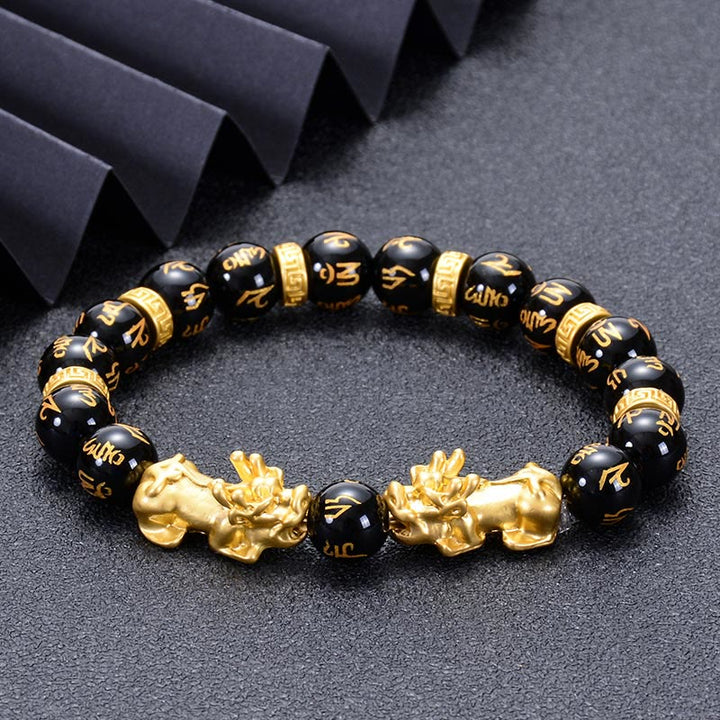 Buddha Stones , schwarzer Obsidian, schwarzer Onyx, goldene Legierung, zwei PiXiu, Om Mani Padme Hum, Stärke-Armband