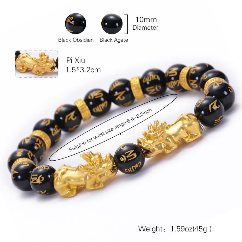 Buddha Stones , schwarzer Obsidian, schwarzer Onyx, goldene Legierung, zwei PiXiu, Om Mani Padme Hum, Stärke-Armband