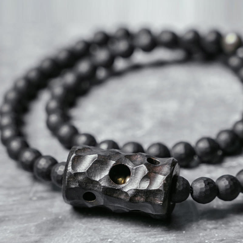 Buddha Stones Schutzarmband mit mattierter Schnittoberfläche, schwarzer Onyx und Ebenholz, doppelt gewickelt