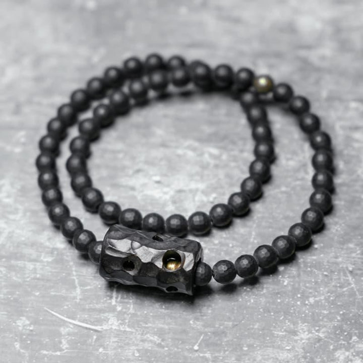 Buddha Stones Schutzarmband mit mattierter Schnittoberfläche, schwarzer Onyx und Ebenholz, doppelt gewickelt