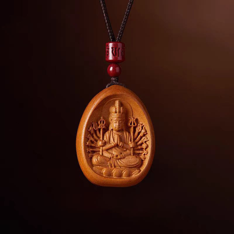 Buddha Stones , Pfirsichholz, Zinnober, Om Mani Padme Hum, chinesisches Sternzeichen, schwarze Halskette mit Anhänger