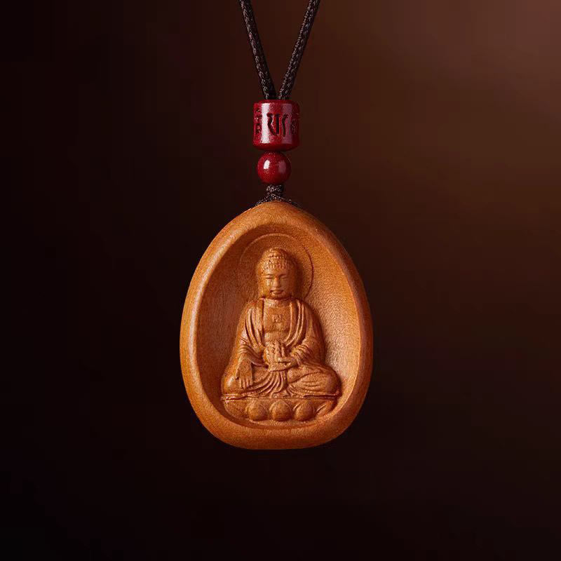 Buddha Stones , Pfirsichholz, Zinnober, Om Mani Padme Hum, chinesisches Sternzeichen, schwarze Halskette mit Anhänger