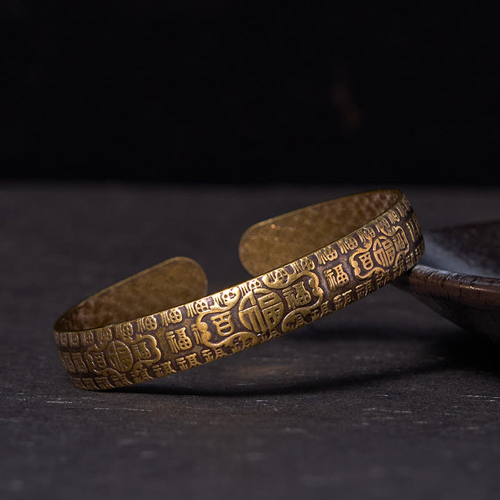 Buddha Stones Hundert Segnungen Fu Charakter Kupfer Messing Glück Armband Armreif